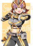  1girl belt brown_hair cosplay cowboy_shot highres honda_mio idolmaster idolmaster_cinderella_girls idolmaster_cinderella_girls_starlight_stage inoue_sora kamen_rider kamen_rider_555 kamen_rider_kaixa looking_at_viewer midriff navel open_mouth solo yellow_background yellow_eyes 