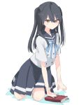  1girl black_hair blue_neckwear book brown_eyes hello_world ichigyou_ruri mole mole_under_eye pleated_skirt sailor_collar school_uniform seiza serafuku shiroshi_(denpa_eshidan) sitting skirt solo two_side_up white_background white_serafuku 