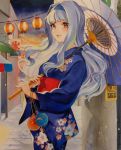  1girl festival floral_print hairband hikonyaaa idolmaster idolmaster_(classic) japanese_clothes kimono lantern long_hair paper_lantern red_eyes shijou_takane silver_hair smile solo umbrella water_balloon yukata 