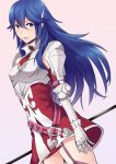  1girl ameno_(a_meno0) belt blue_hair breastplate cordelia_(fire_emblem) cordelia_(fire_emblem)_(cosplay) cosplay dress fire_emblem fire_emblem_awakening gradient gradient_background hair_ornament holding holding_weapon long_hair lucina lucina_(fire_emblem) parted_lips polearm short_dress simple_background solo weapon wing_hair_ornament 
