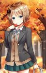  1girl absurdres ahoge autumn autumn_leaves black_jacket blazer blue_eyes blue_neckwear bow brown_cardigan brown_hair buttons collared_shirt commentary_request cowboy_shot forest green_skirt hair_bow hand_up highres holding jacket leaf long_sleeves looking_at_viewer maple_leaf miniskirt nature neck_ribbon omoomomo open_clothes open_jacket original outdoors pleated_skirt ribbon school_uniform shirt short_hair signature skirt smile solo tree undershirt white_shirt wing_collar 