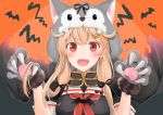  1girl :3 :d alternate_costume animal_hood black_serafuku blonde_hair blush breasts claws gloves hair_flaps hair_ornament hair_ribbon hairclip halloween_costume highres hood hood_up kantai_collection long_hair looking_at_viewer neckerchief open_mouth paw_gloves paw_pose paws red_eyes remodel_(kantai_collection) ribbon school_uniform serafuku smile solo upper_body yunamaro yuudachi_(kantai_collection) 