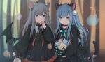  2019 2girls :t amashiro_natsuki animal_ears bangs black_bow black_dress blue_eyes blue_hair blush bow candy cat_ears cat_girl cat_tail closed_mouth commentary_request demon_girl demon_horns demon_wings dress eating eyebrows_behind_hair food frilled_dress frills hair_between_eyes hair_ornament hairclip halloween halloween_basket highres holding holding_food holding_lollipop hood hood_down hooded_dress horns lollipop long_hair long_sleeves looking_at_viewer multiple_girls nekoha_shizuku one_side_up original sleeves_past_wrists swirl_lollipop tail very_long_hair wavy_mouth wide_sleeves wings 