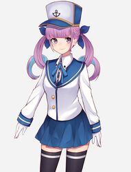  1girl absurdres aqua_hair bangs beko_(beco_1122) black_legwear blue_bow blue_headwear blue_neckwear blue_ribbon blue_sailor_collar blue_skirt blunt_bangs bow braid collared_shirt drill_hair gloves grey_background hair_bow hat highres hololive jacket long_hair long_sleeves looking_at_viewer minato_aqua multicolored_hair neck_ribbon pink_eyes pink_hair pleated_skirt ribbon sailor_collar shirt skirt sleeve_cuffs smile solo thigh-highs twin_drills twintails two-tone_hair white_gloves white_jacket zettai_ryouiki 