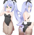  1girl absurdres adjusting_clothes adjusting_leotard ahoge animal_ears ass_visible_through_thighs azur_lane bangs bare_shoulders black_hairband black_leotard blue_hair blush bow bowtie breasts brown_legwear bunny_girl bunny_tail bunnysuit closed_mouth collar commentary_request detached_collar eyebrows_visible_through_hair fake_animal_ears green_eyes hairband hand_up highres kneeling l&#039;opiniatre_(azur_lane) leotard long_hair multiple_views no_shoes nose_blush pantyhose parted_lips rabbit_ears red_neckwear roido_(taniko-t-1218) side_ponytail sidelocks simple_background small_breasts strapless strapless_leotard tail thigh_gap very_long_hair white_background white_collar wing_collar wrist_cuffs 