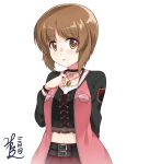  1girl :o anglerfish arm_support artist_name bangs belt black_belt black_choker black_shirt blush brown_eyes brown_hair casual choker emblem eyebrows_visible_through_hair far_is_a girls_und_panzer hand_on_own_chest highres jacket jewelry lace-up_top looking_at_viewer midriff navel necklace nishizumi_miho open_clothes open_jacket open_mouth pink_jacket pleated_skirt purple_skirt raglan_sleeves shirt short_hair signature skirt solo standing 