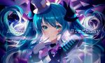  1girl blue_eyes blue_hair blush closed_mouth develop2 finger_to_mouth gloves happy_birthday hat hatsune_miku holding holding_microphone long_hair looking_at_viewer microphone smile solo top_hat twintails upper_body very_long_hair vocaloid white_gloves white_headwear 