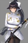  1girl animal_ears azur_lane bangs black_hair black_legwear blush bow breasts brown_eyes cuboon eyebrows_visible_through_hair gloves grey_background hair_bow hair_flaps holding holding_sword holding_weapon katana large_breasts lifted_by_self long_hair looking_at_viewer military military_uniform miniskirt pantyhose pleated_skirt ponytail ribbon simple_background skirt skirt_lift solo sword takao_(azur_lane) thighband_pantyhose twitter_username uniform very_long_hair weapon white_bow 