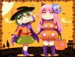  2girls :d arm_up bare_shoulders basket black_headwear boots candy candy_cane chibi choker commentary_request crescent elbow_gloves food frilled_sleeves frills gloves glowing green_eyes green_hair green_skirt halloween happy_halloween hat hat_ribbon hata_no_kokoro holding holding_basket holding_food knee_boots komeiji_koishi long_hair long_sleeves looking_at_viewer mask mask_on_head miniskirt multiple_girls open_mouth orange_ribbon orange_shirt orange_sky pink_eyes pink_hair pointy_hat purple_choker purple_footwear purple_gloves ribbon shirosato shirt short_hair sidelocks skirt sky smile touhou 