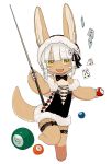  blush bow bowtie card cue_ball cue_stick dice furry highres kawasemi27 made_in_abyss nanachi_(made_in_abyss) open_mouth smile tagme white_background white_hair yellow_eyes 
