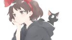  1girl animal arm_support bangs black_cat black_robe blush bow brown_eyes brown_hair cat closed_mouth eyebrows_visible_through_hair hair_bow hairband hand_up hood hood_down hooded_robe jiji_(majo_no_takkyuubin) kiki long_sleeves looking_away majo_no_takkyuubin peko red_bow red_hairband short_hair simple_background upper_body white_background wide_sleeves 