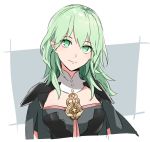  1girl armor byleth_(fire_emblem) byleth_eisner_(female) cape closed_mouth fire_emblem fire_emblem:_three_houses green_eyes green_hair medium_hair menoko simple_background smile solo upper_body 