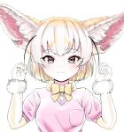  1girl absurdres akegata_tobari animal_ear_fluff animal_ears bangs black_hair blonde_hair bow bowtie breast_pocket brown_eyes buttons closed_mouth commentary_request extra_ears eyebrows_visible_through_hair fennec_(kemono_friends) fox_ears fur_trim gloves hands_up highres kemono_friends long_sleeves looking_at_viewer multicolored_hair pink_sweater pocket short_over_long_sleeves short_sleeve_sweater short_sleeves simple_background smile solo sweater upper_body white_background white_hair 
