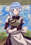  1girl absurdres alternate_costume blue_hair blush breasts brown_eyes clouds corset enmaided fire_emblem fire_emblem:_three_houses flower framed_breasts highres large_breasts looking_at_viewer maid marianne_von_edmund tagme user_eyua5288 