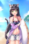  1girl absurdres animal_ear_fluff animal_ears bangs bare_shoulders beach black_hair blush breasts cat_ears cat_tail commentary_request day eyebrows_visible_through_hair green_eyes highres innertube kyaru_(princess_connect) long_hair looking_at_viewer low_twintails medium_breasts multicolored_hair navel open_fly outdoors princess_connect! princess_connect!_re:dive qoray7 solo streaked_hair tail twintails very_long_hair white_hair 