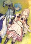  2girls akke blonde_hair blue_hair bow bracelet braid closed_eyes dress faye_(fire_emblem) fire_emblem fire_emblem_echoes:_shadows_of_valentia grass habit hair_bow holding_hands jewelry long_hair long_sleeves lying multiple_girls on_back on_side red_bow short_hair short_sleeves silque_(fire_emblem) sleeping twin_braids 