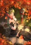 1girl absurdres autumn_leaves bangs black_legwear black_skirt black_sleeves blonde_hair blue_hair blush commentary_request day detached_sleeves eyebrows_visible_through_hair feet_out_of_frame green_eyes hatsune_miku highres holding holding_umbrella huge_filesize leaf looking_at_viewer maple_leaf multicolored_hair outdoors qoray7 shirt sitting skirt solo thigh-highs two-tone_hair umbrella vocaloid white_shirt 