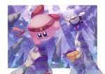  absurdres bandana bandana_waddle_dee cape clouds cloudy_sky falling handstand headband highres king_dedede kirby kirby&#039;s_return_to_dream_land kirby_(series) mask meta_knight outstretched_arms pose rock scabbard sheath shiburingaru sky sparkle star sunlight sword tiptoes training upside-down weapon 
