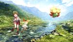  1girl ankle_boots backpack bag boots brown_hair clouds commentary female_protagonist_(pokemon_swsh) gossifleur highres knees_together_feet_apart mountain nature open_mouth outdoors pokemon pokemon_(creature) pokemon_(game) pokemon_swsh ribero rock scenery scorbunny short_hair sky standing standing_on_one_leg stream tam_o&#039;_shanter water 