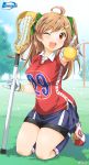  1girl armpit_peek bike_shorts bow brown_eyes brown_hair full_body gloves grass hair_bow highres inoue_sora jersey kneehighs kneeling lacrosse lacrosse_ball lacrosse_stick long_hair looking_at_viewer midori-chan_(myslot) miniskirt myslot one_eye_closed open_mouth outdoors short_sleeves skirt smile solo sportswear twintails 