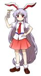  1girl animal_ears brown_footwear eyebrows_visible_through_hair full_body hand_on_hip hand_up highres itou_yuuji long_hair looking_at_viewer lunatic_gun necktie puffy_short_sleeves puffy_sleeves purple_hair rabbit_ears red_eyes red_neckwear red_skirt reisen_udongein_inaba shirt shoes short_sleeves simple_background skirt smile socks solo standing touhou very_long_hair white_background white_legwear white_shirt wing_collar 