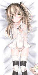  1girl ass_visible_through_thighs bangs bed_sheet black_legwear black_neckwear black_ribbon blush boko_(girls_und_panzer) bow bowtie closed_mouth collared_shirt covered_navel dress_shirt eyebrows_visible_through_hair from_above girls_und_panzer hair_ribbon head_tilt langley1000 light_brown_eyes light_brown_hair light_frown long_hair long_sleeves looking_at_viewer loose_bowtie lying no_pants on_back on_bed one_side_up open_clothes open_shirt ribbon school_swimsuit shimada_arisu shirt solo striped striped_legwear stuffed_animal stuffed_toy swimsuit swimsuit_under_clothes teddy_bear thigh-highs white_school_swimsuit white_shirt white_swimsuit 