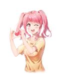 1girl absurdres bang_dream! bangs blush commentary_request eyebrows_visible_through_hair heart highres looking_at_viewer maruyama_aya medium_hair one_eye_closed open_mouth orange_shirt pink_eyes pink_hair qoray7 shirt short_sleeves simple_background smile twintails upper_body white_background 