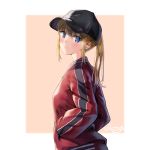  1girl black_headwear blonde_hair blue_eyes blush commentary_request from_side hat highres jacket jersey long_hair original ponytail qoray7 red_jacket smile solo track_jacket track_suit upper_body 