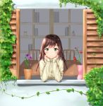  1girl bangs beige_sweater blush braid chair commentary_request eyebrows_visible_through_hair flower green_eyes highres long_sleeves looking_at_viewer original pink_flower qoray7 red_flower ribbed_sweater sleeves_past_wrists smile solo sweater table twin_braids window 