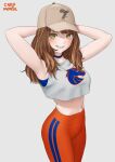  1girl absurdres arms_behind_head arms_up artist_name breasts brown_hair carlo_montie choker crop_top grey_background hat heart highres looking_at_viewer medium_breasts navel orange_pants pants smile tight tight_pants yellow_eyes yoga_pants 