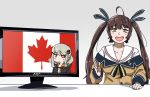  2girls black_sclera brown_hair brown_shirt canada cybernetic_eye girls_frontline highres jacket long_hair looking_at_viewer m14_(girls_frontline) meme mismatched_sclera multiple_girls open_mouth shirt simple_background tac-50_(girls_frontline) twintails yellow_eyes 