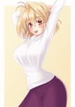  1girl ahoge arcueid_brunestud arcuya blonde_hair blush breasts eyebrows_visible_through_hair hair_between_eyes hair_intakes highres impossible_clothes impossible_sweater large_breasts long_skirt long_sleeves looking_at_viewer open_mouth purple_skirt red_eyes short_hair skirt smile solo sweater tsukihime turtleneck 