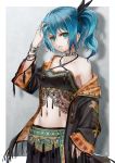  1girl black_bow blue_hair blue_nails bow bracelet breasts choker earrings fantasy grey_background hair_bow halterneck highres jewelry looking_at_viewer medium_breasts medium_hair midriff nail_polish navel original ring shadow sho_(sumika) side_ponytail solo standing 