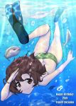  1girl absurdres air_bubble akiyama_yukari ass bangs bikini bracelet brown_eyes brown_hair bubble butt_crack character_name closed_mouth commentary dated english_text excel_(shena) fish flippers full_body girls_und_panzer green_bikini happy_birthday highres jewelry light_rays looking_at_viewer messy_hair salute short_hair smile solo submerged swimming swimsuit underwater 