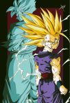  2boys age_difference arms_at_sides backlighting blonde_hair clenched_hands dark_background dirty dirty_face dougi dragon_ball dragon_ball_z dual_persona electricity facial_scar feet_out_of_frame fingernails green_eyes height_difference highres looking_at_viewer looking_away looking_back male_focus messy_hair multiple_boys rectangle red_background reeya scar scar_on_cheek serious shaded_face signature son_gohan son_gohan_(future) spiky_hair standing super_saiyan_2 wristband 