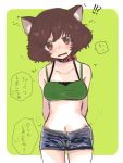  !? /\/\/\ 1girl akiyama_yukari animal_ears arms_behind_back bangs black_bra black_shorts blush bra brown_eyes brown_hair casual collar commentary cowboy_shot crop_top dog_collar dog_ears eyebrows_visible_through_hair flying_sweatdrops frown girls_und_panzer green_background green_shirt head_tilt highres looking_at_viewer messy_hair motion_lines navel open_mouth outside_border pokoyosi red_collar rounded_corners shirt short_hair short_shorts shorts solo standing sweat translated underwear 