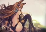  1girl animal_ears ass backless_outfit bangs bare_shoulders black_cape black_legwear black_sleeves breasts brown_hair cape commentary_request detached_sleeves erune from_behind granblue_fantasy hair_ornament knee_up licking_lips long_hair long_sleeves looking_at_viewer looking_back metera_(granblue_fantasy) minyom profile sitting small_breasts solo thigh-highs tongue tongue_out very_long_hair 