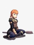  1girl annette_fantine_dominic axe bangs black_footwear blue_legwear blunt_bangs boots breasts dirty_clothes dirty_face fire_emblem fire_emblem:_three_houses full_body garreg_mach_monastery_uniform grey_eyes hair_rings highres long_sleeves moyashi_mou2 orange_hair pantyhose shadow short_hair simple_background sitting skirt small_breasts solo sweatdrop white_background 