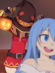  2girls 5pb. absurdres aqua_(konosuba) belt black_gloves black_hair blue_eyes blue_hair blurry_foreground dress fingerless_gloves gloves halloween hat highres kadokawa_shoten kono_subarashii_sekai_ni_shukufuku_wo! long_sleeves mages_(company) megumin multiple_girls once_11h open_mouth pumpkin red_dress studio_deen witch_hat you_gonna_get_raped 