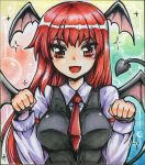  1girl :d armband bat_wings blush breasts commentary_request demon_tail dress_shirt eyebrows_visible_through_hair fang gradient gradient_background head_wings koakuma long_hair long_sleeves looking_at_viewer medium_breasts necktie open_mouth paw_pose red_eyes red_neckwear redhead shikishi shiny shiny_hair shirt smile solo sparkle tail touhou traditional_media upper_body vest white_shirt wings yagami_(mukage) 