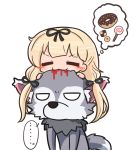  ... 1girl 1other animal_ear_fluff animal_ears asimo953 biting black_ribbon blonde_hair blood candy chibi closed_eyes commentary_request cookie doughnut fangs food hair_ribbon halloween kantai_collection long_hair on_head ribbon simple_background speech_bubble tail tress_ribbon twintails white_background wolf wolf_ears wolf_tail yuudachi_(kantai_collection) 