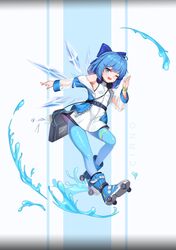  1girl ;d ahoge bag bangs bare_shoulders blue_bow blue_eyes blue_hair blue_jacket bow breasts caliper cirno commentary detached_wings dress english_commentary eraser eyebrows_visible_through_hair fang full_body hair_bow headphones headphones_around_neck highres ice ice_wings inline_skates jacket leggings long_sleeves looking_at_viewer mo_ying_yu off_shoulder one_eye_closed open_clothes open_jacket open_mouth outstretched_arm pantyhose paper roller_skates see-through set_square short_hair shoulder_bag skates small_breasts smile solo sweatband test touhou two-tone_background unzipped water white_dress wings zipper zipper_pull_tab 