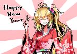  1girl ahoge beads blonde_hair blush closed_eyes commentary floral_print flower grin hair_beads hair_flower hair_ornament hand_up happy_new_year japanese_clothes kimono long_hair new_year ponytail red_kimono shidoh279 smile solo sun tsurumaki_maki upper_body v voiceroid wide_sleeves 
