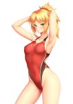  1girl armpits arms_up blonde_hair braid breasts collarbone competition_swimsuit covered_navel cowboy_shot fate/apocrypha fate/grand_order fate_(series) french_braid green_eyes hair_ornament hair_scrunchie highleg highleg_swimsuit highres mordred_(fate) mordred_(fate)_(all) one-piece_swimsuit ponytail red_scrunchie red_swimsuit scrunchie simple_background small_breasts solo swimsuit white_background zuizhong 