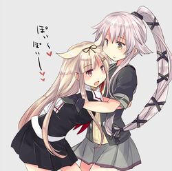  2girls black_serafuku blonde_hair breasts eyebrows_visible_through_hair hair_between_eyes hair_flaps hair_ornament hair_ribbon hairclip hirune_(konekonelkk) hug kantai_collection long_hair looking_at_another medium_breasts multiple_girls neckerchief open_mouth orange_eyes pink_hair ponytail red_eyes red_neckwear remodel_(kantai_collection) ribbon school_uniform serafuku short_sleeves sidelocks simple_background white_background yura_(kantai_collection) yuudachi_(kantai_collection) 