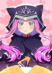  +_+ 1girl animal_ears animal_hood black_cloak black_gloves blurry blurry_foreground blush bouhouji cloak collar commentary_request depth_of_field fake_animal_ears fate/grand_order fate_(series) food food_on_face gloves heart heart_background highres holding holding_food hood hood_up hooded_cloak long_hair medusa_(lancer)_(fate) parted_lips pink_background purple_hair red_collar rider sidelocks solo sparkle very_long_hair violet_eyes 