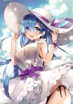  1girl absurdres ayamy bangs bare_shoulders bikini black_bikini blue_eyes blue_hair blue_sky blush breasts clouds cloudy_sky day dress earrings eyebrows_visible_through_hair hair_ornament hands_up hat highres jewelry long_hair looking_at_viewer medium_breasts outdoors re:zero_kara_hajimeru_isekai_seikatsu rem_(re:zero) scan see-through shiny shiny_hair shiny_skin side-tie_bikini sky sleeveless smile solo sun_hat swimsuit swimsuit_under_clothes thighs white_dress x_hair_ornament 