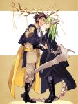  1boy 1girl antlers black_footwear black_gloves boots brown_background brown_hair byleth_(fire_emblem) byleth_eisner_(female) claude_von_riegan closed_eyes coat couple dragon_horns dragon_tail dragon_wings face-to-face fire_emblem fire_emblem:_three_houses full_body gloves green_eyes green_hair hair_slicked_back hetero highres holding_hands horns imminent_kiss living_(nsiring) looking_at_another medium_hair neckerchief pants profile short_hair simple_background smile standing tail two-tone_background white_background wings 