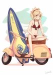  1girl a-1_pictures bangs bare_shoulders bikini black_shoes blonde_hair braid breasts commentary darahan eyebrows_visible_through_hair fate/apocrypha fate/grand_order fate/stay_night fate_(series) green_eyes ground_vehicle hair_ornament hair_scrunchie long_hair looking_at_viewer mordred_(fate) mordred_(fate)_(all) motor_vehicle navel parted_bangs red_bikini red_scrunchie saber_of_red scrunchie shoes small_breasts smile summer surfboard swimsuit type-moon 