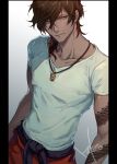  1boy arm_tattoo bangs brown_hair closed_mouth dark_skin dark_skinned_male gradient gradient_background hair_between_eyes jewelry looking_away looking_to_the_side makoto_kohuku male_focus medium_hair ookurikara pendant pillarboxed sash shirt short_sleeves slit_pupils solo swept_bangs t-shirt tattoo touken_ranbu upper_body v-neck white_background white_shirt yellow_eyes 